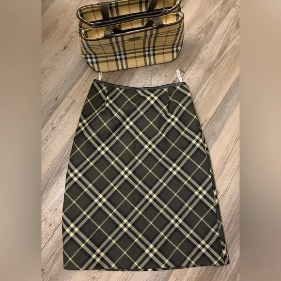 Burberry London Green/Black/Neutral  Plaid A-Line Skirt - Picture 2 of 10